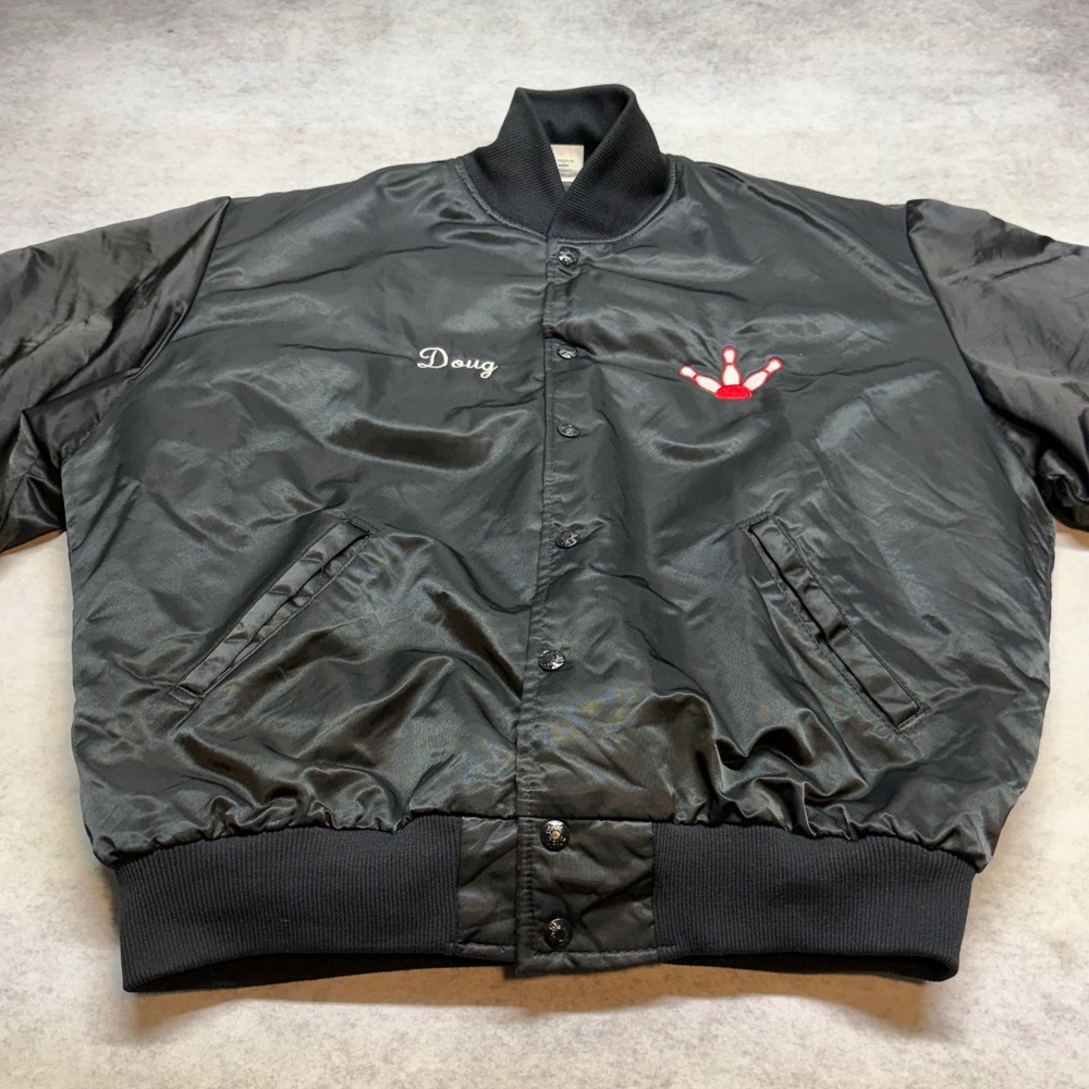 VTG Birdie Richard by Leslie Large Black White Horse Hotel Bowling Bomber Jacket - Picture 3 of 8